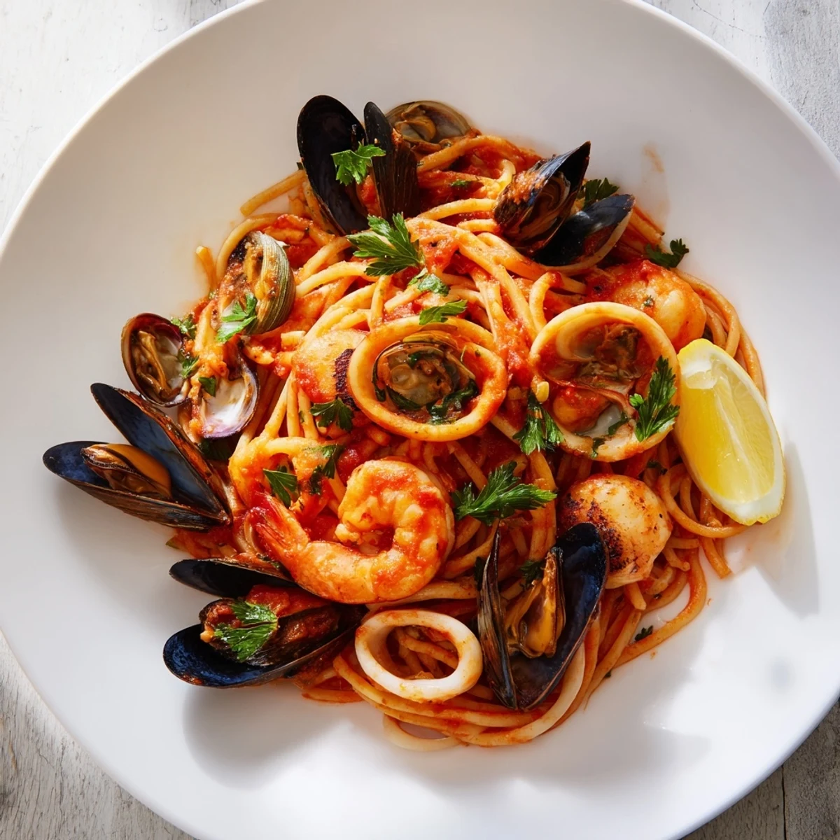 Steaming Seafood Marinara Pasta, featuring tender shrimp, mussels, and squid in a rich tomato sauce.