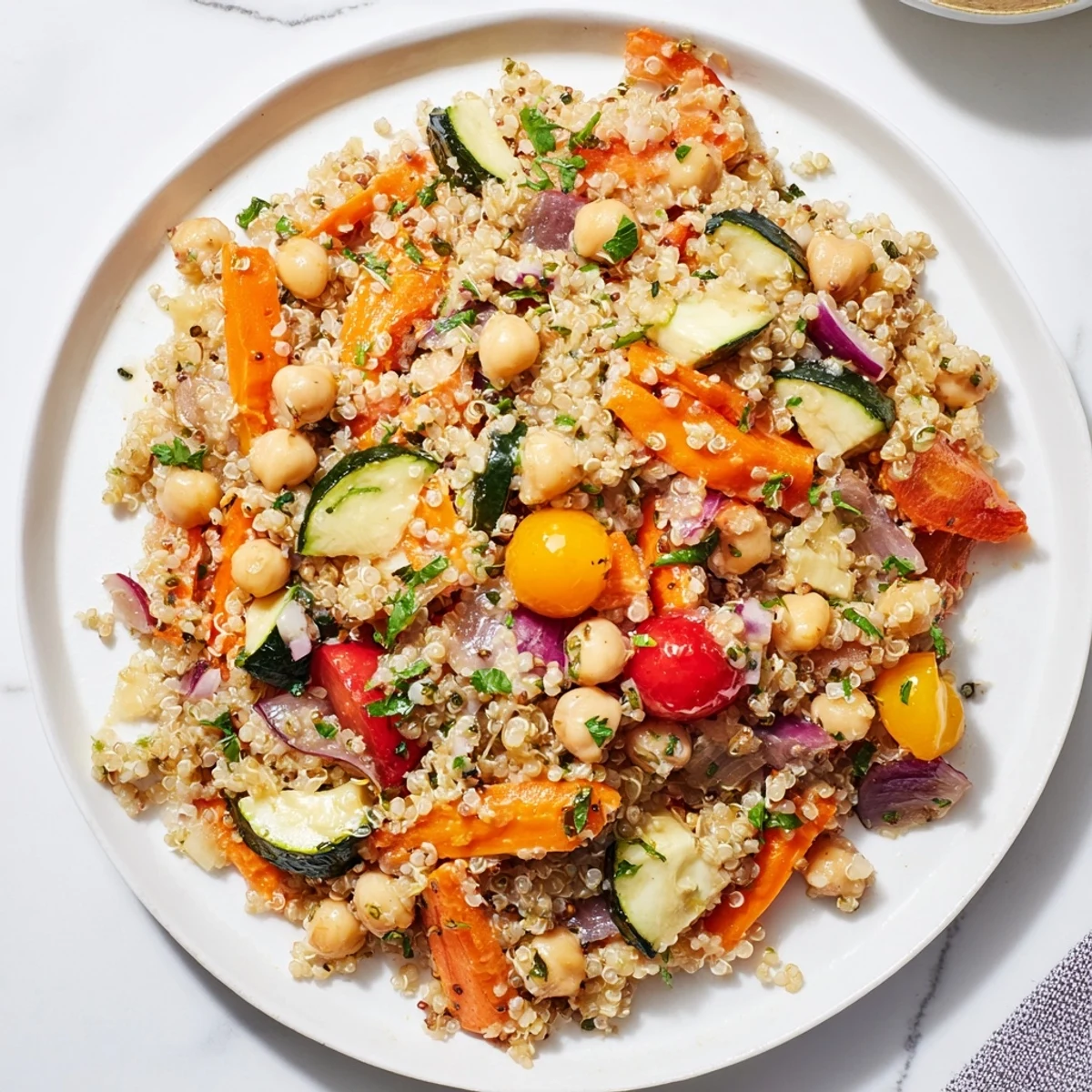 Vibrant Quinoa Power Salad with roasted vegetables, chickpeas, and creamy tahini dressing, ready to eat.