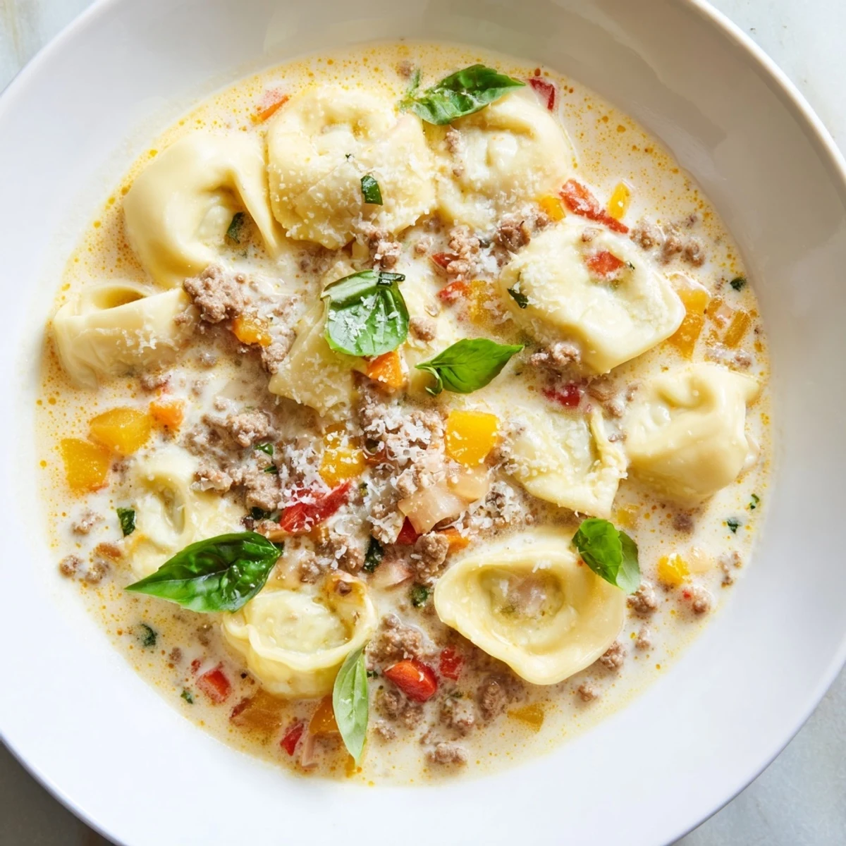 Creamy and aromatic Tortellini Beef Soup with floating pasta and rich tomato broth, enticing aroma.