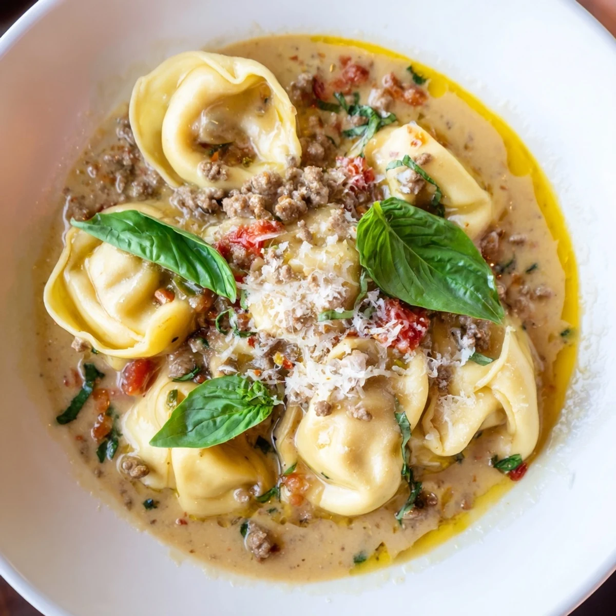 Close-up of hearty Tortellini Beef Soup with beef, tomatoes, and tender cheese tortellini.