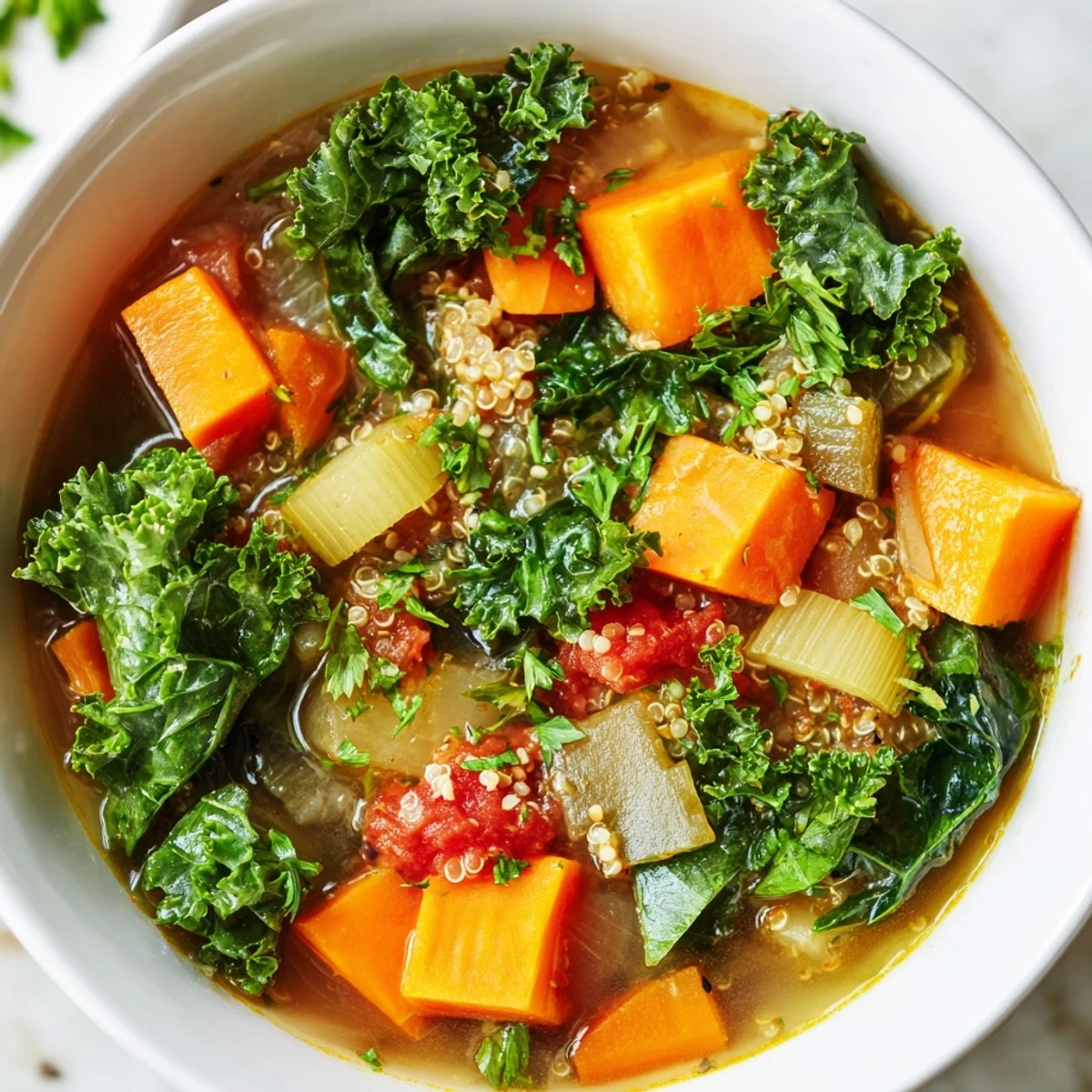 A steaming bowl of Nourishing Winter Veggie Soup, vibrant with colorful vegetables and herbs.