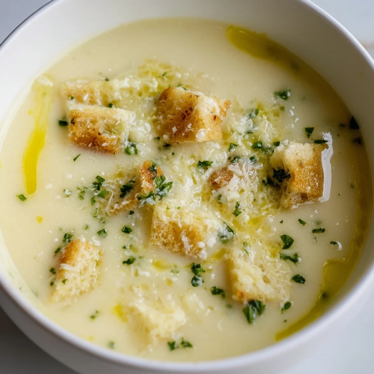 Creamy Garlic Bread Soup simmering in a pot with toasty bread cubes and savory broth.
