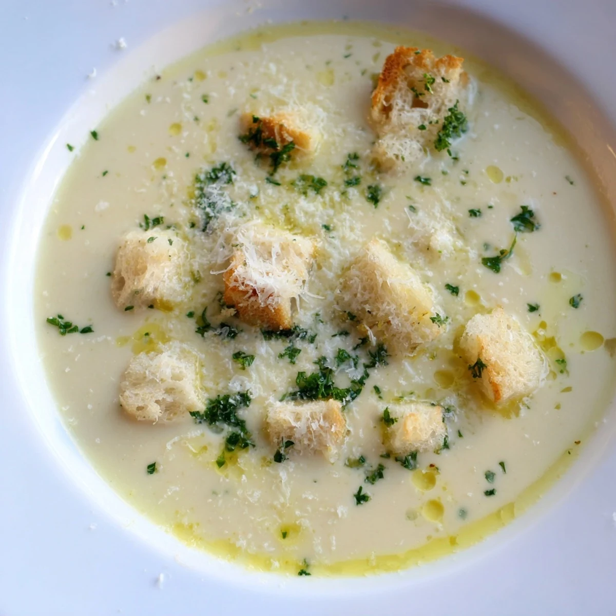 Velvety Creamy Garlic Bread Soup in a bowl, garnished with fresh parsley and cheese.