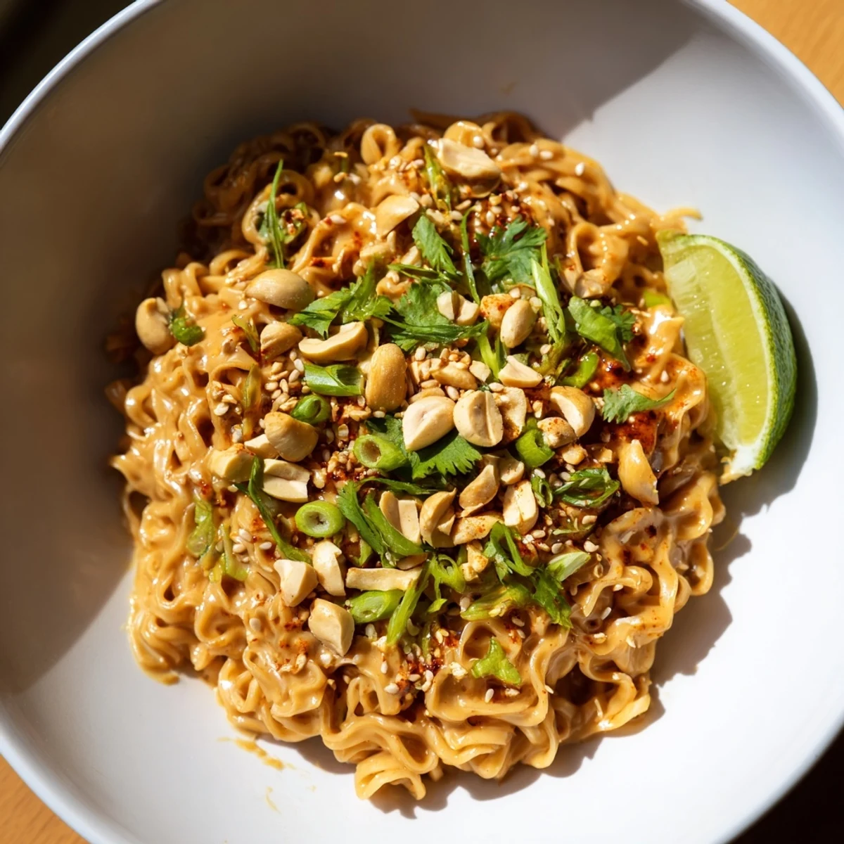 Steaming noodles coated in creamy peanut sauce topping a bowl of Instant Peanut Thai Sauce Noodles.