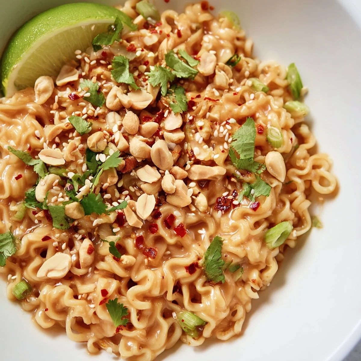 Close-up of the flavorful Instant Peanut Thai Sauce Noodles, a quick and easy vegetarian meal.