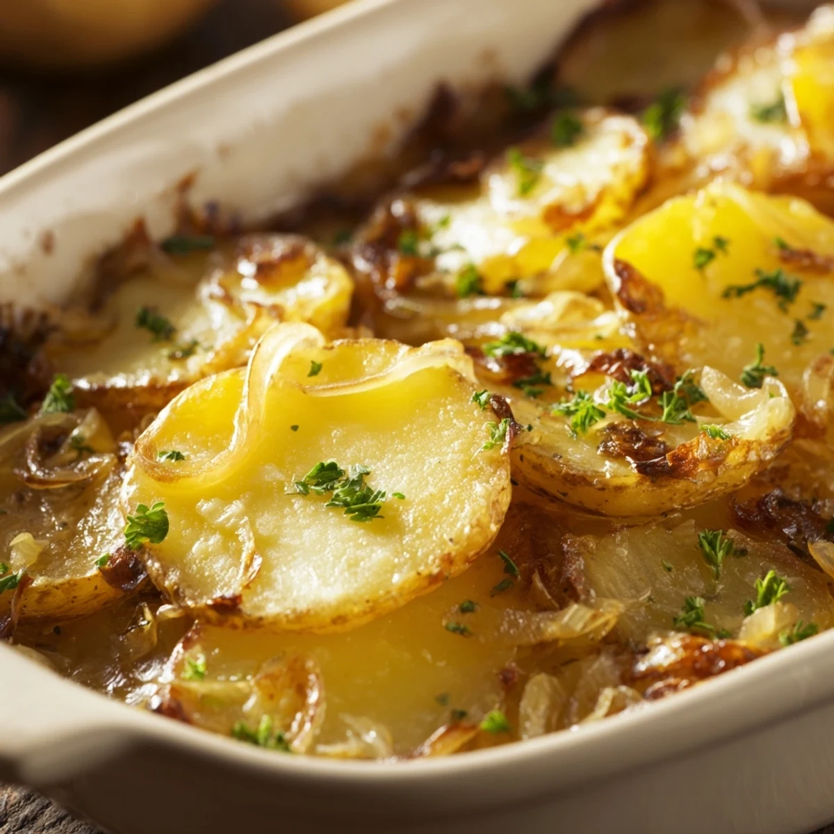 Golden, bubbling French Onion Soup Potatoes topped with melted Gruyère, a comforting side dish.