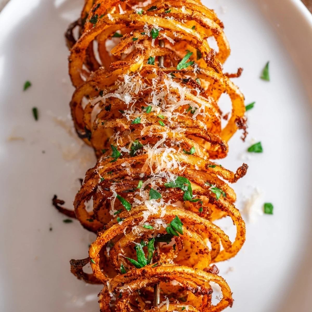 Golden, crispy Tornado Potatoes, seasoned and skewered, ready to eat as an exciting snack.