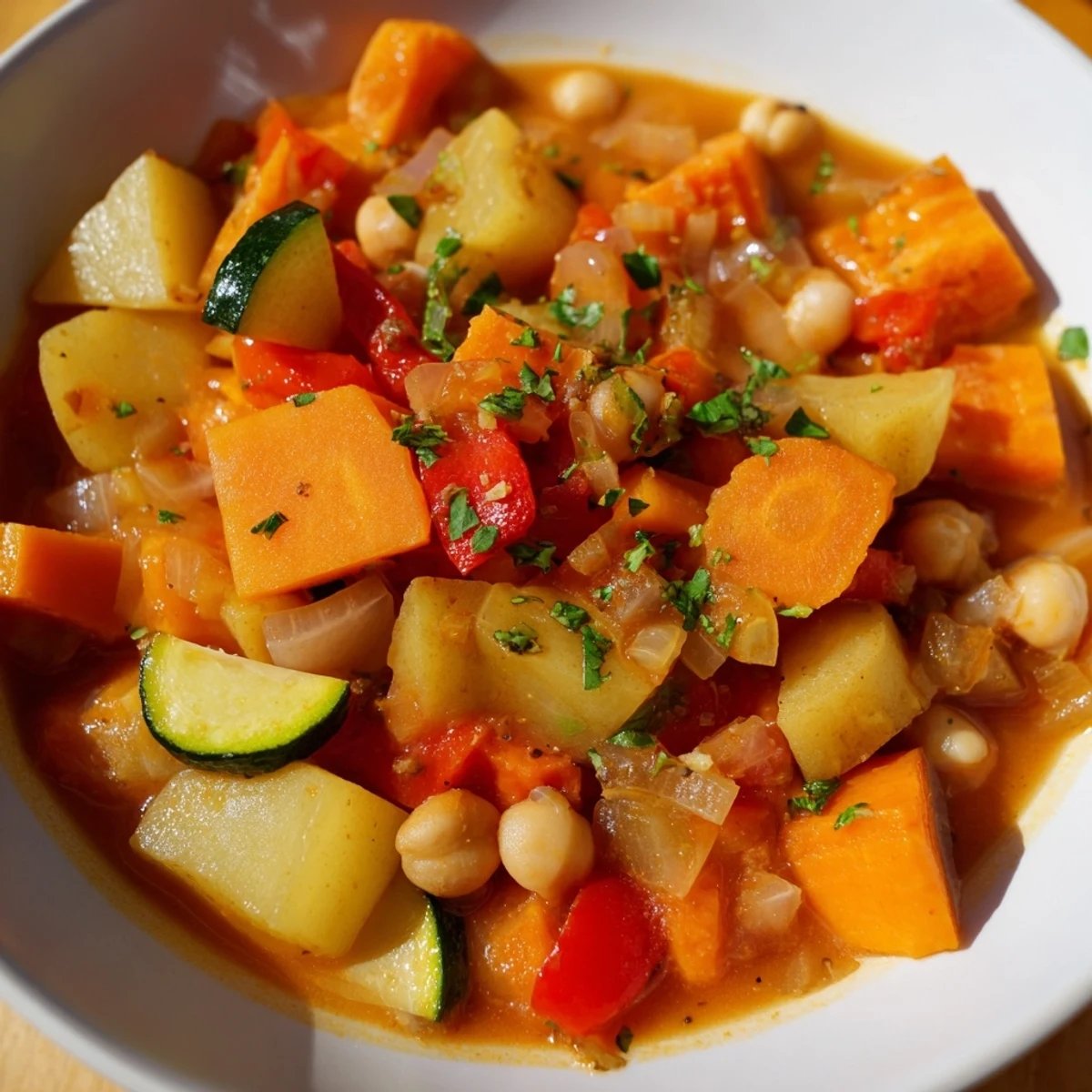 Rich, flavorful Hearty Vegan Sweet Potato Stew simmers with vegetables and beans in a tomato broth.
