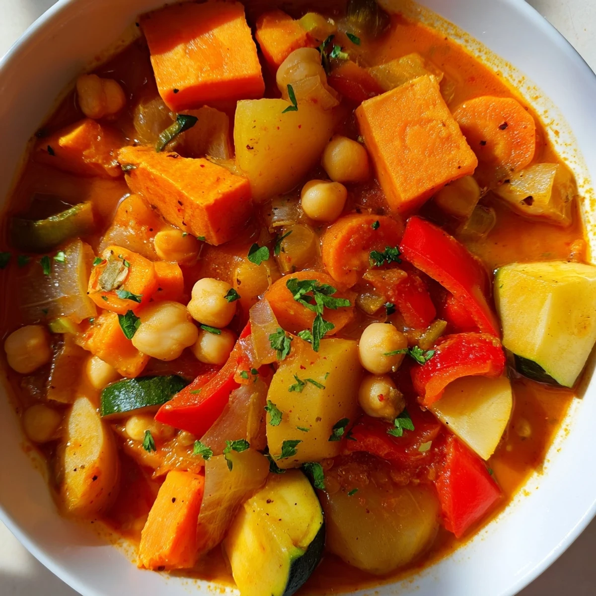 Steaming bowl of Hearty Vegan Sweet Potato Stew, garnished with fresh parsley and lemon wedges.