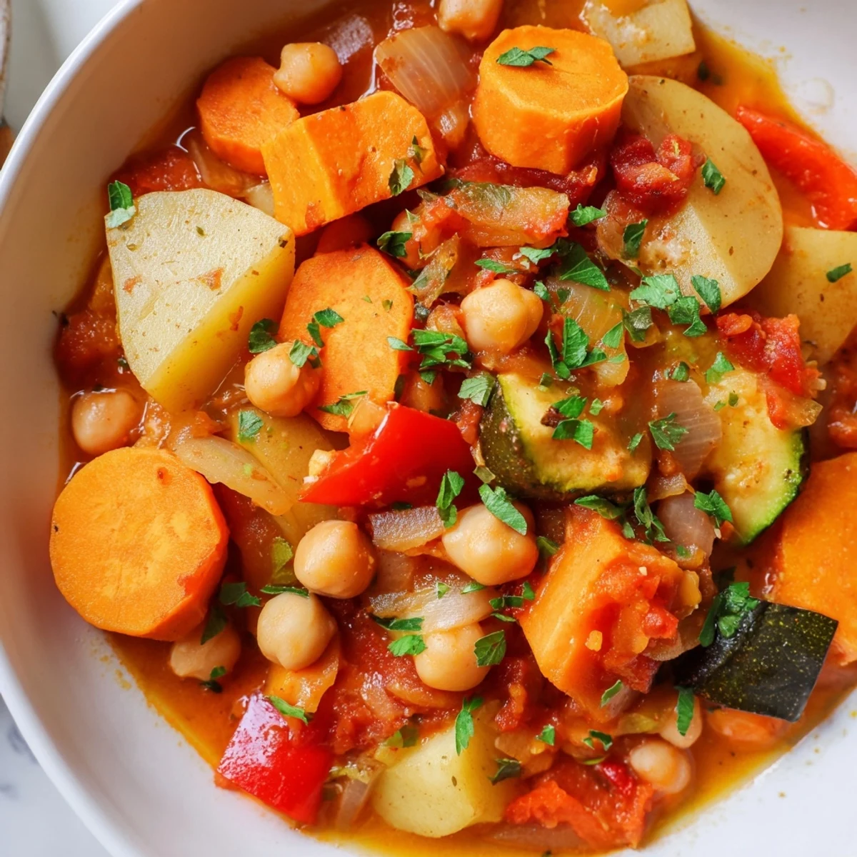 Enjoy a warm and delicious serving of Hearty Vegan Sweet Potato Stew for a cozy, healthy meal.