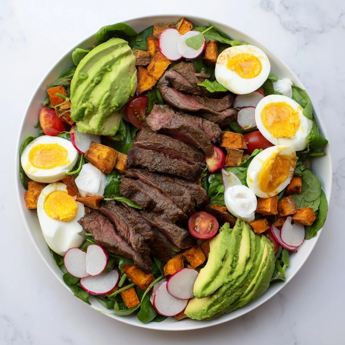 High-Protein Beef Avocado Bowl arrangement: tender beef, creamy avocado, and perfect egg atop fresh greens.