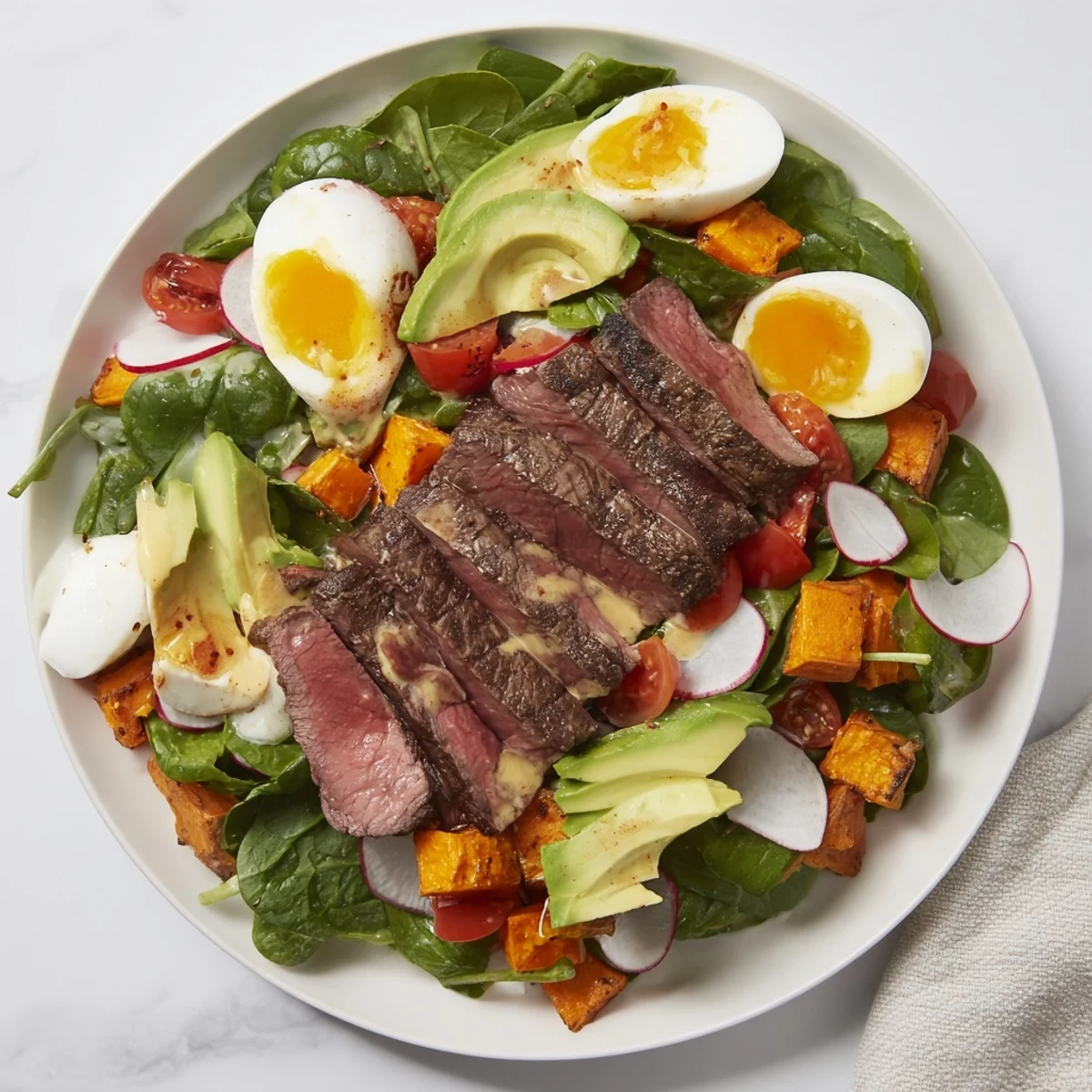 This High-Protein Beef Avocado Bowl showcases sliced steak next to colorful roasted sweet potatoes and a creamy dressing.