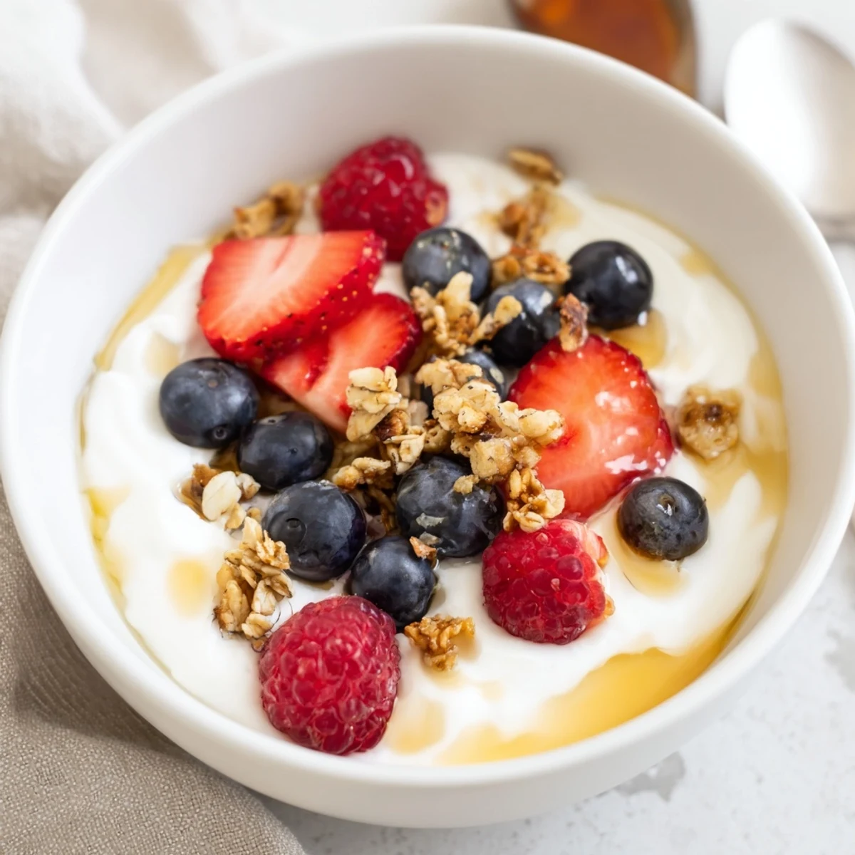 Cottage Cheese Hot Honey Bowl: Creamy white cottage cheese beneath ruby berries, drizzled with fiery hot honey.
