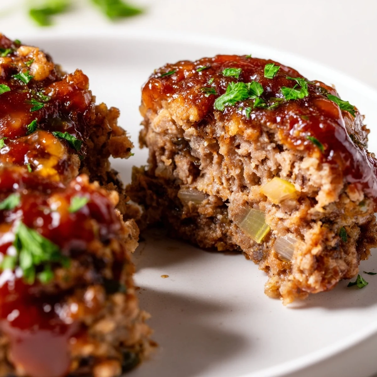 A close-up shot of individual mini meatloaf bites glistening with a sweet maple glaze.