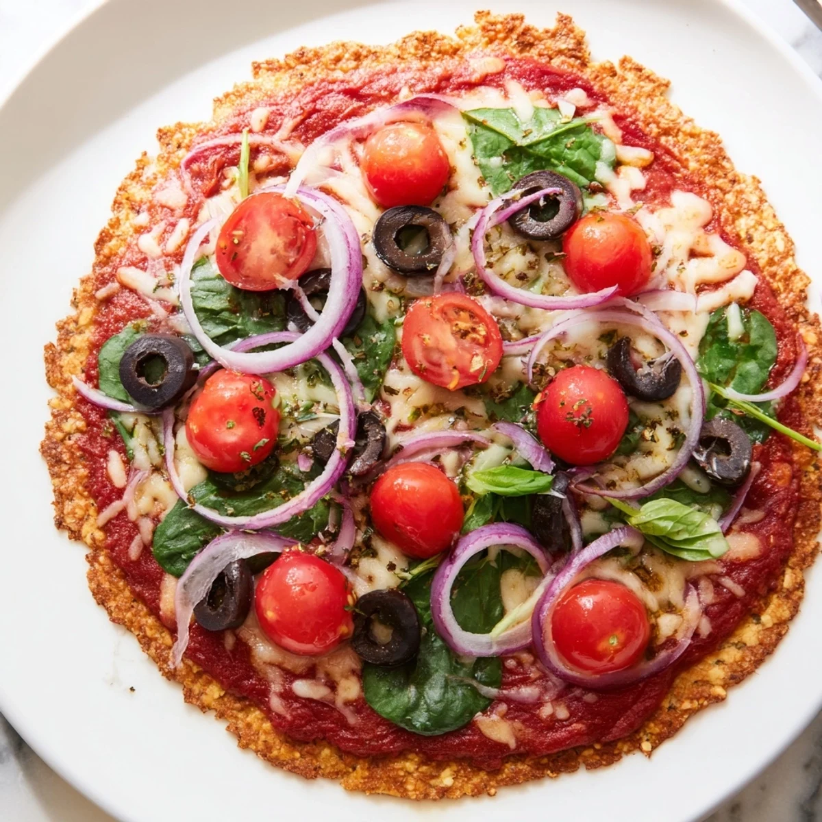 A close-up shot of a prepared Crispy Tortilla Pizza, showcasing its appealing, bubbly cheese.