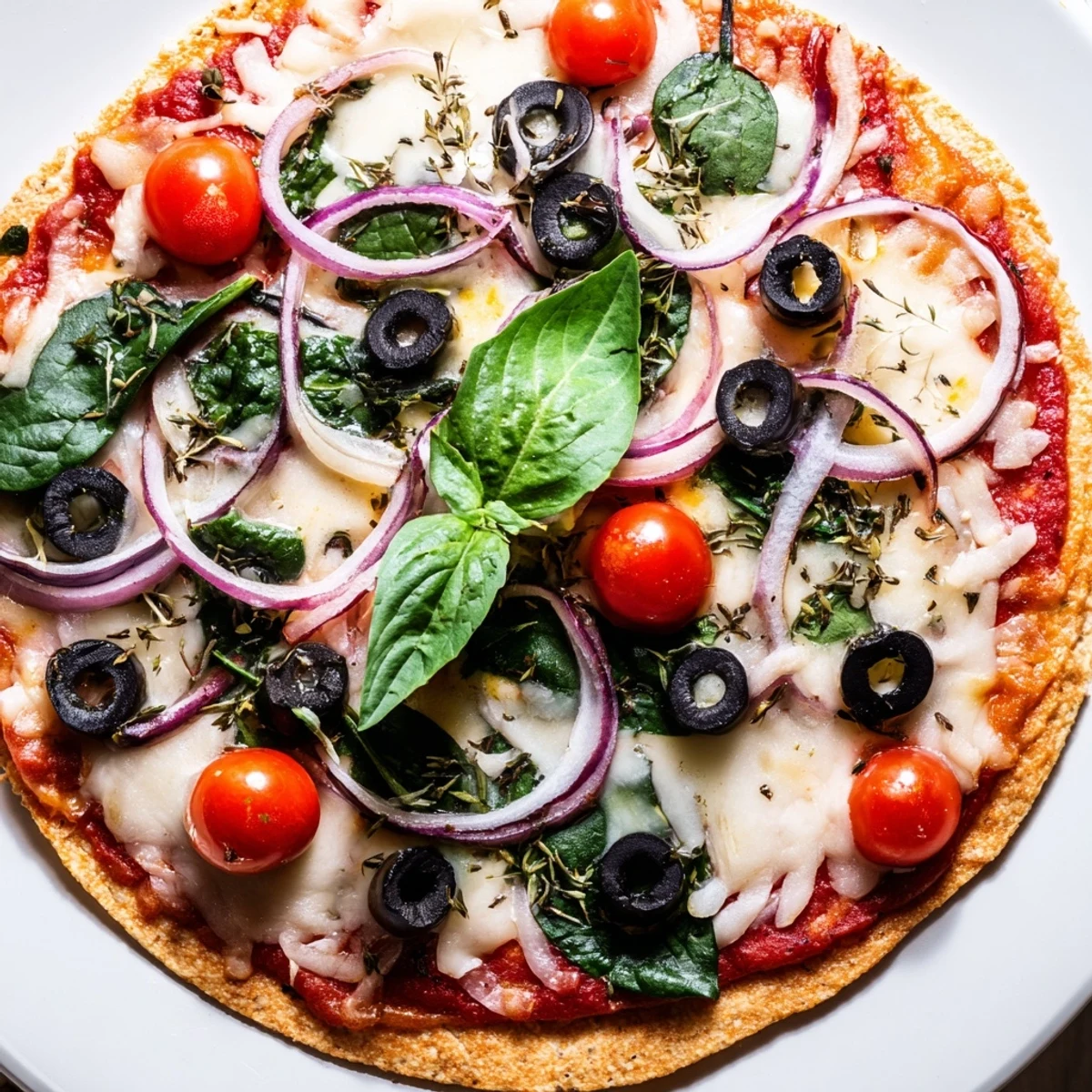 Golden-brown, crispy tortilla pizza with melted cheese, fresh tomatoes, and basil garnish.