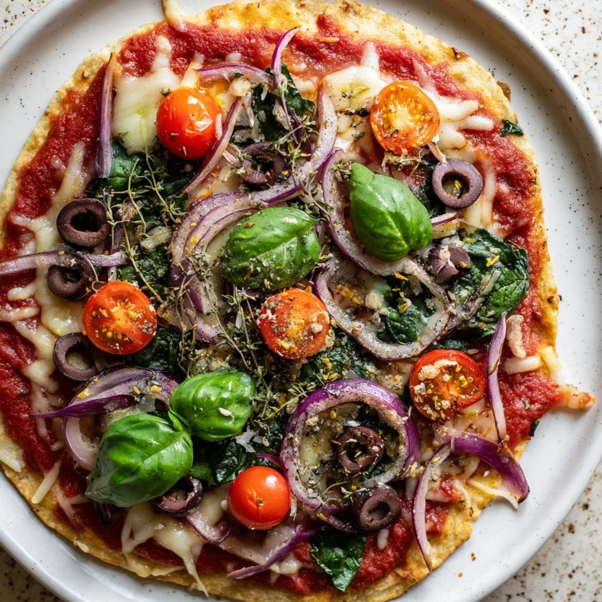 Hot, freshly baked Crispy Tortilla Pizza with vibrant toppings and an ultra-crispy crust.