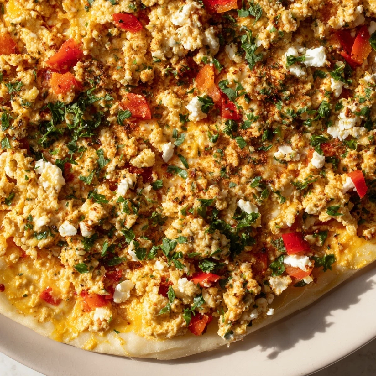 A warm, flavorful Turkish Menemen Eggs Pizza, garnished with fresh parsley and fluffy scrambled eggs.
