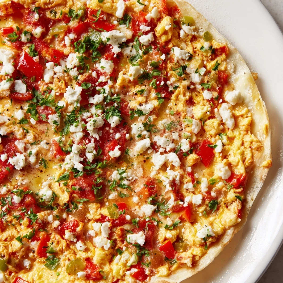 Golden Turkish Menemen Eggs Pizza, bubbly cheese topping a baked crispy crust with vibrant vegetables.