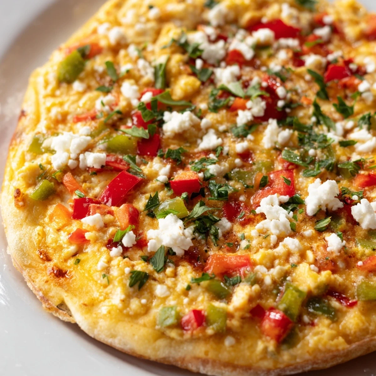 Delicious, slightly spicy Turkish Menemen Eggs Pizza with a golden crust, perfect for brunch or dinner.