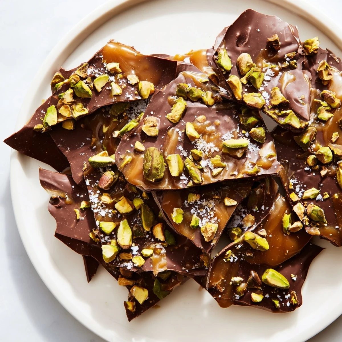 Melted chocolate and glistening caramel top this decadent Pistachio Salted Caramel Bark recipe before setting.