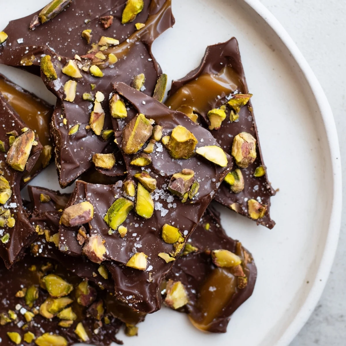See the textural layers of the rich Pistachio Salted Caramel Bark topped with flaky sea salt.