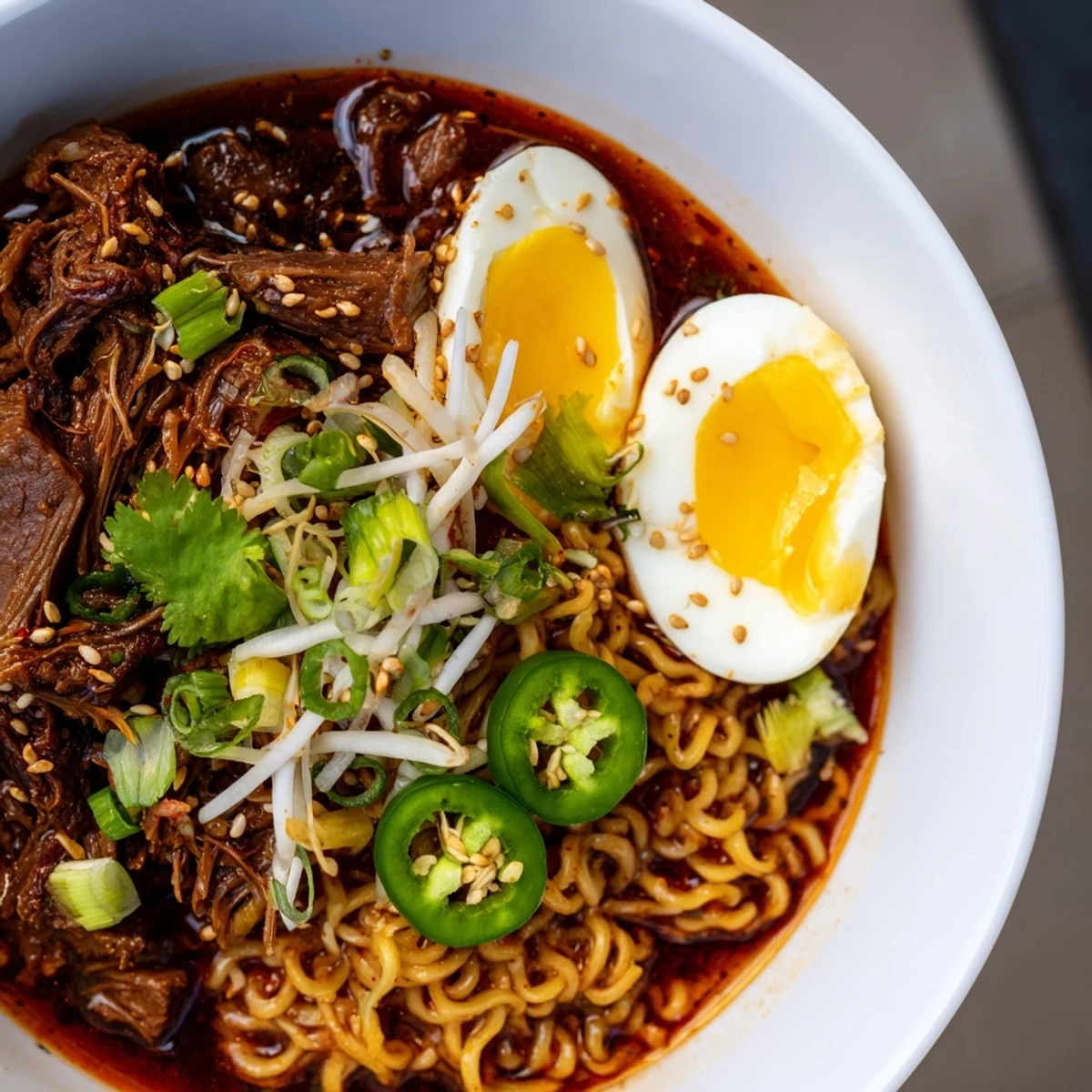 Chaos Cooking Birria Ramen: a flavorful bowl brimming with tender beef, rich broth, and fresh toppings.