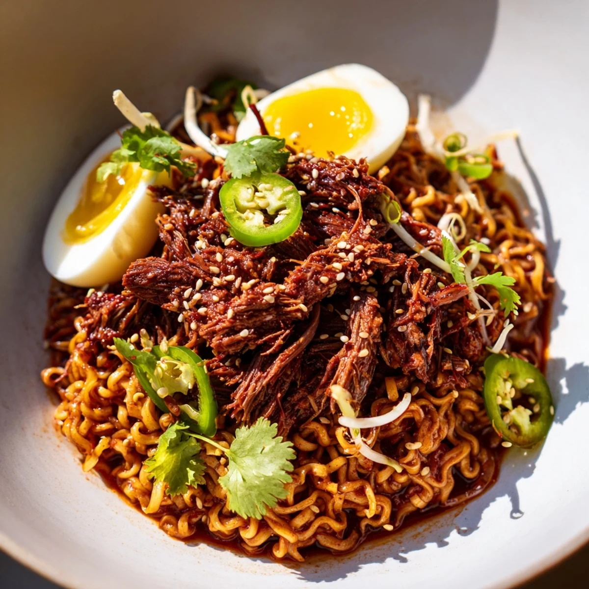 Imagine a steaming bowl of Chaos Cooking Birria Ramen, with layers of savory beef and perfectly cooked noodles.