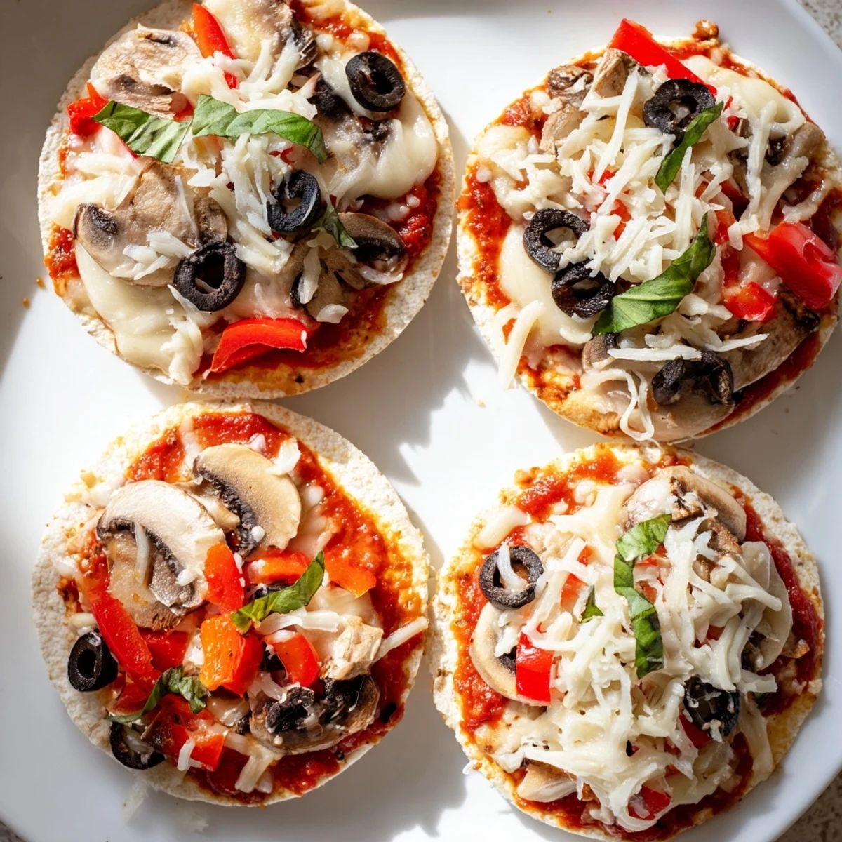 Crispy Rice Cake Pizza Squares, baked with melted cheese, fresh herbs, and colorful veggie toppings.