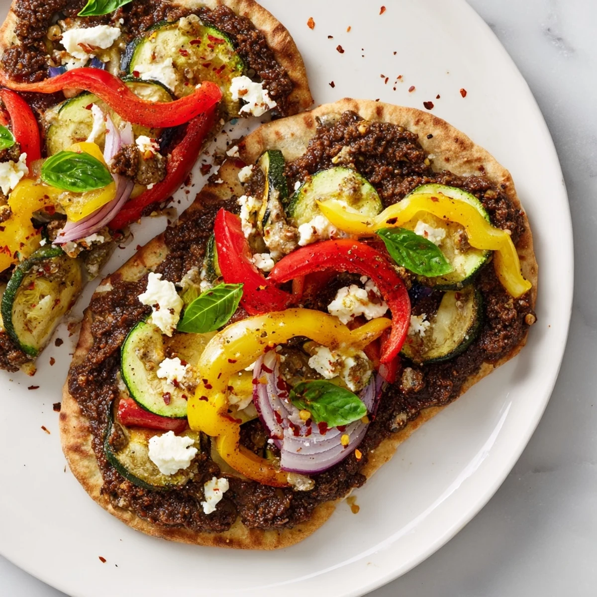 Naan bread pizza features warm, crispy naan topped with roasted vegetables and creamy feta cheese.