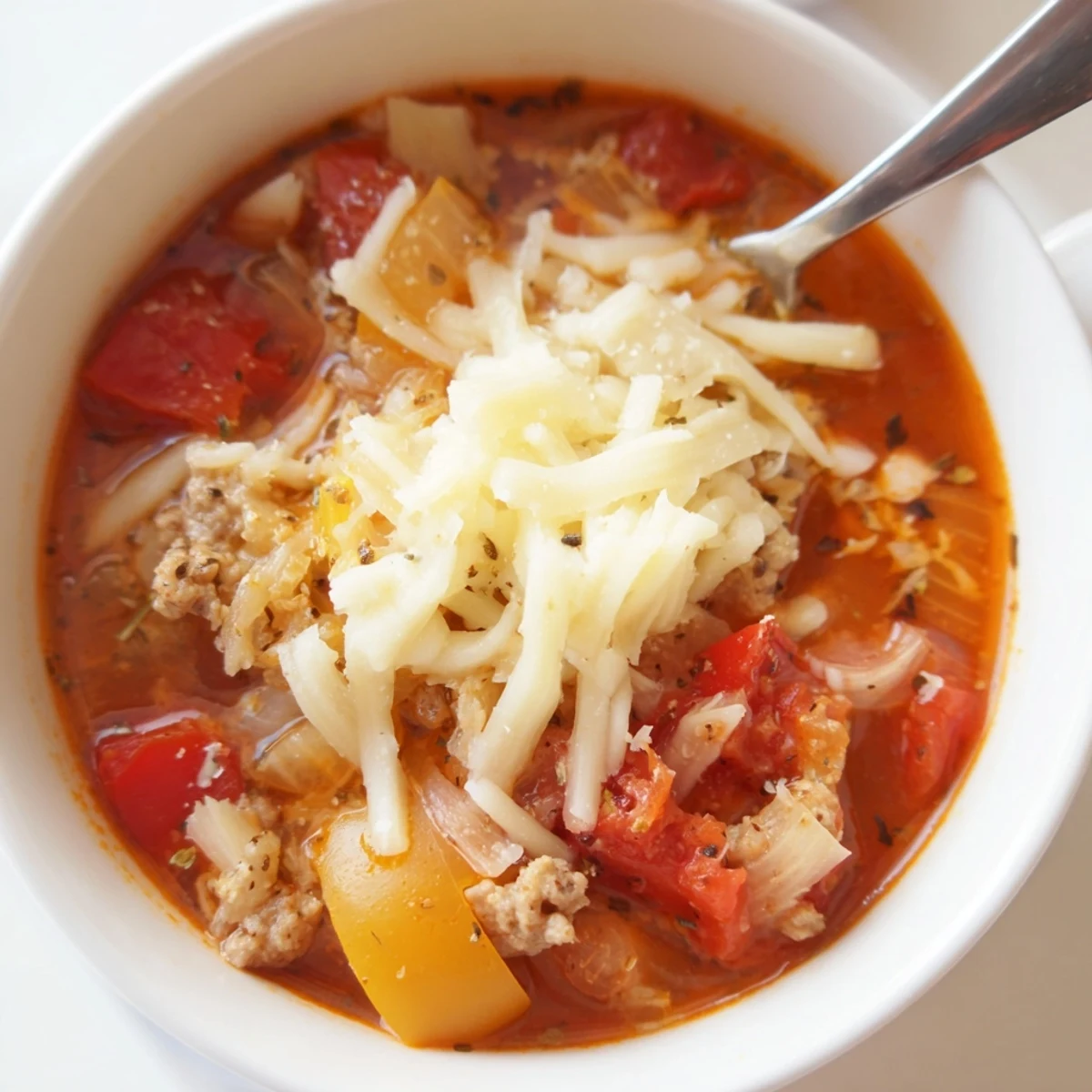 Bowl of steaming pizza soup topped with melted mozzarella, served with crusty bread for dipping.  