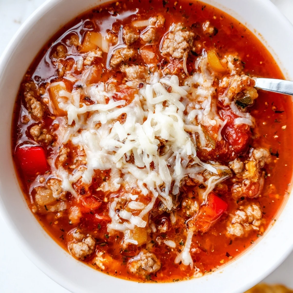 A hearty pot of pizza soup simmering with Italian sausage, peppers, and rich tomato sauce.  