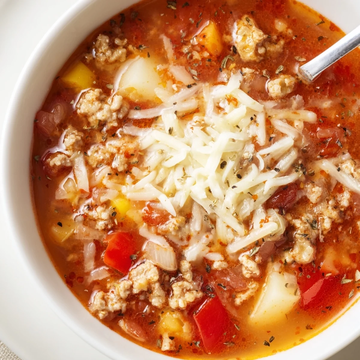 Close-up of pizza soup in a rustic bowl, garnished with fresh basil and shredded mozzarella.