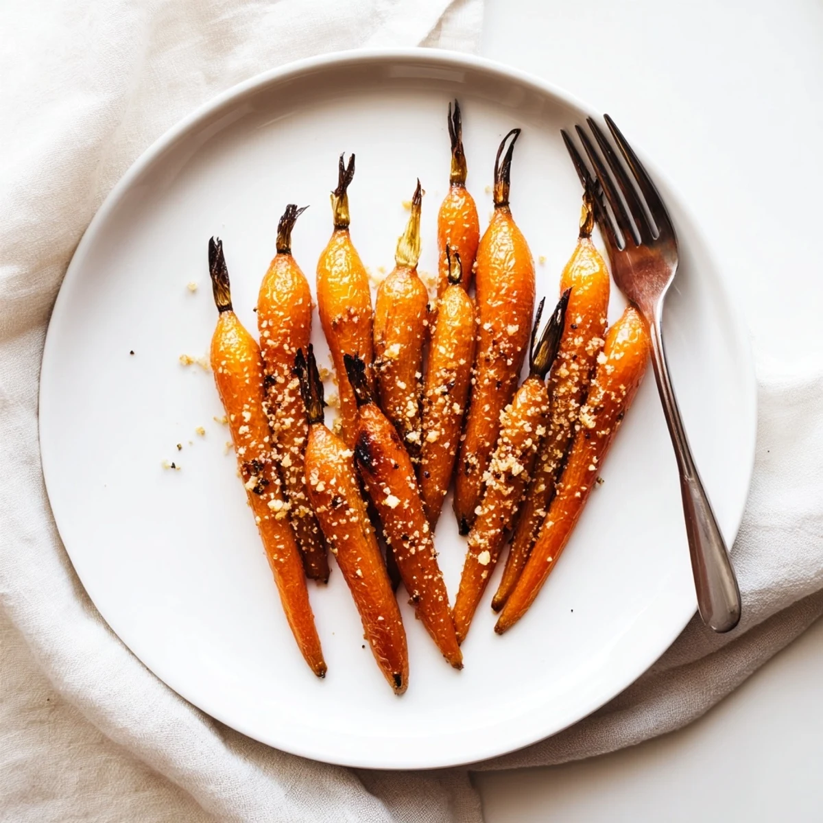 Roasted Parmesan Baby Carrot Chips with golden, caramelized edges and a sweet honey glaze on a baking sheet.  