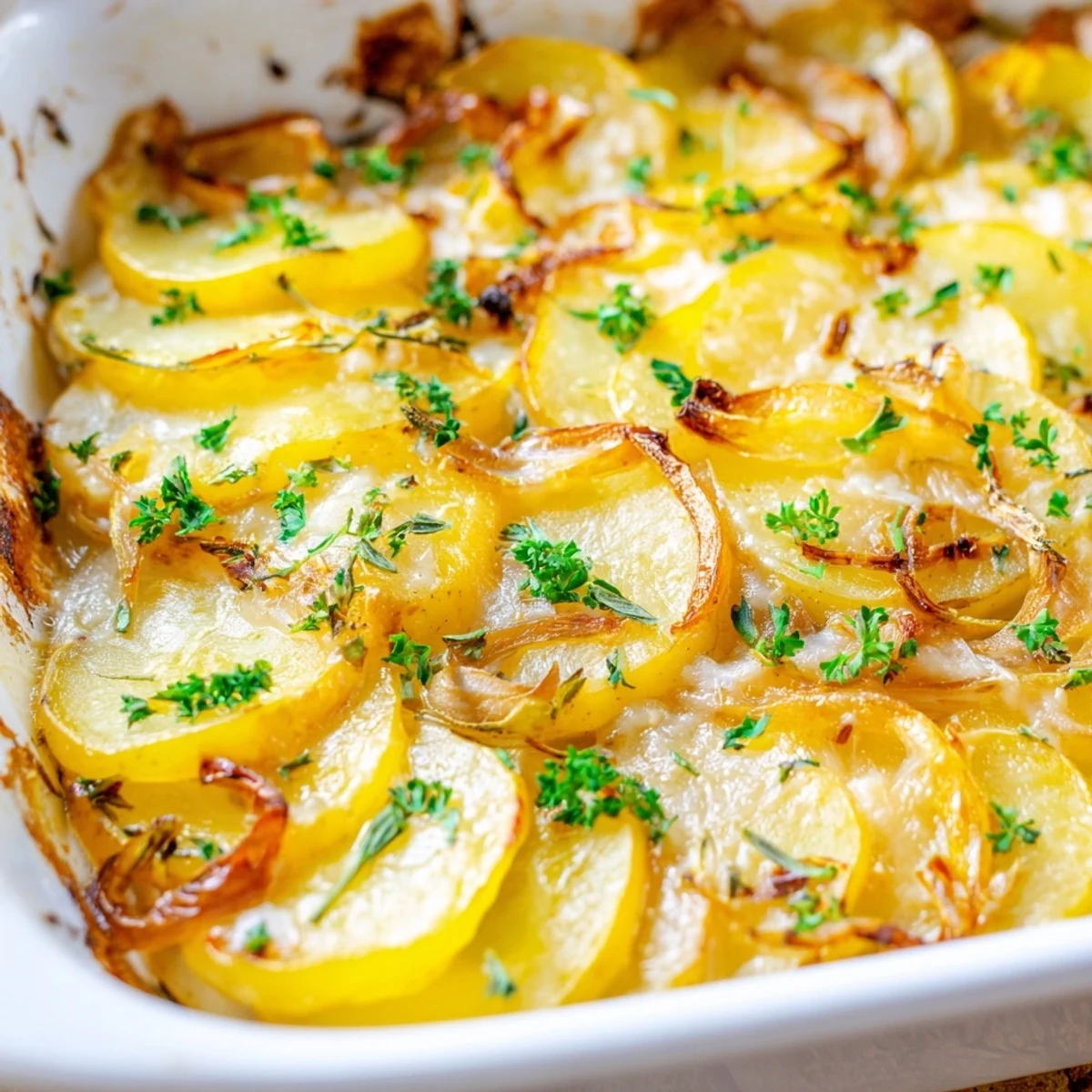 A close-up of French Onion Soup Potatoes, featuring tender potatoes layered with sweet onions and a golden, melted cheese crust.