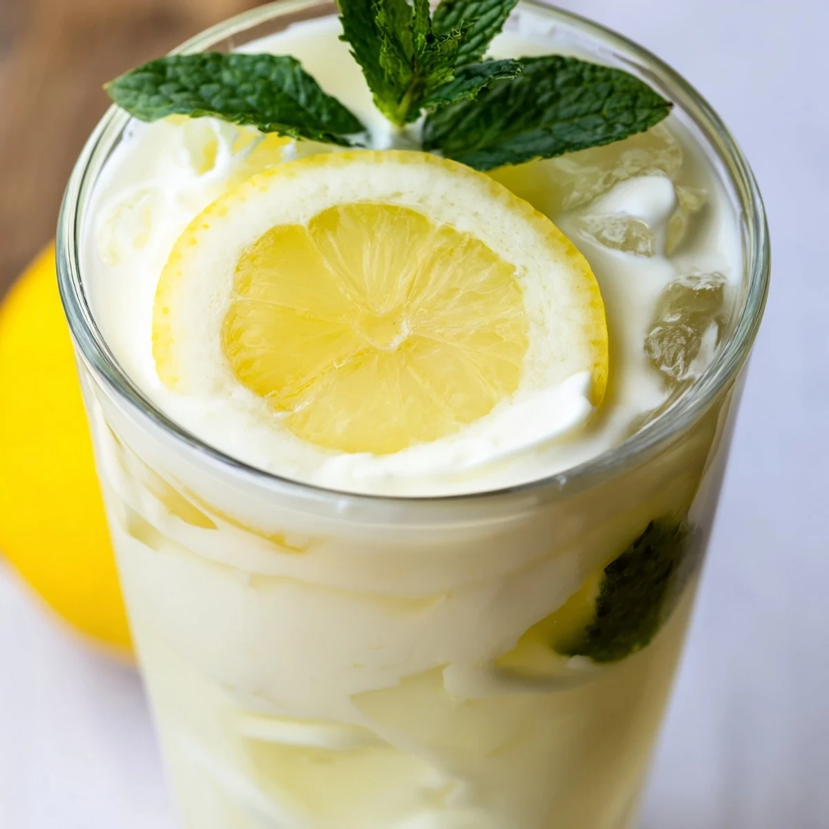Creamy Lemonade Drink in a tall glass filled with ice, garnished with fresh lemon slices and mint leaves.  