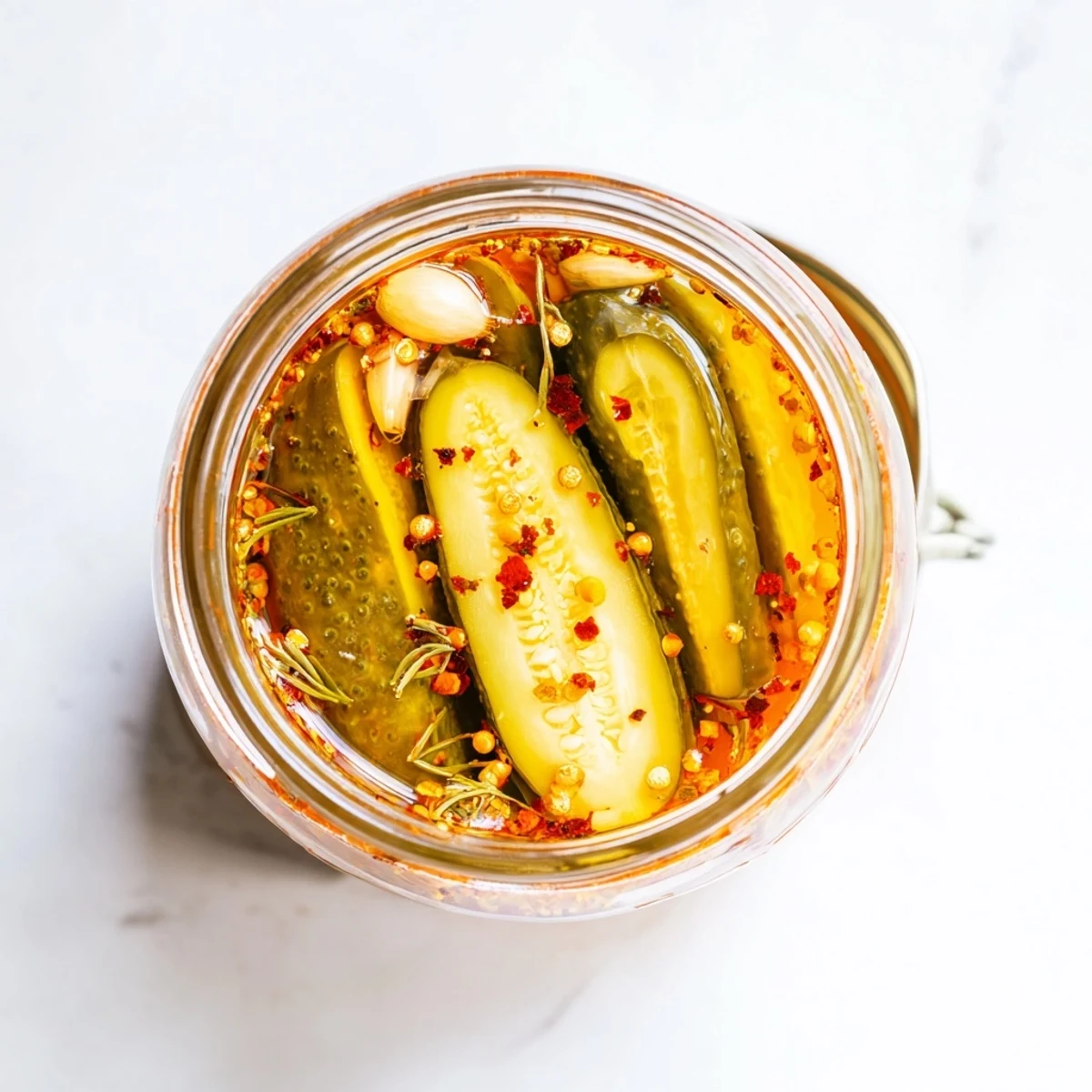 Bright, crunchy dill pickle spears swimming in a bold, seasoned taco brine, garnished with fresh jalapeño and garlic.