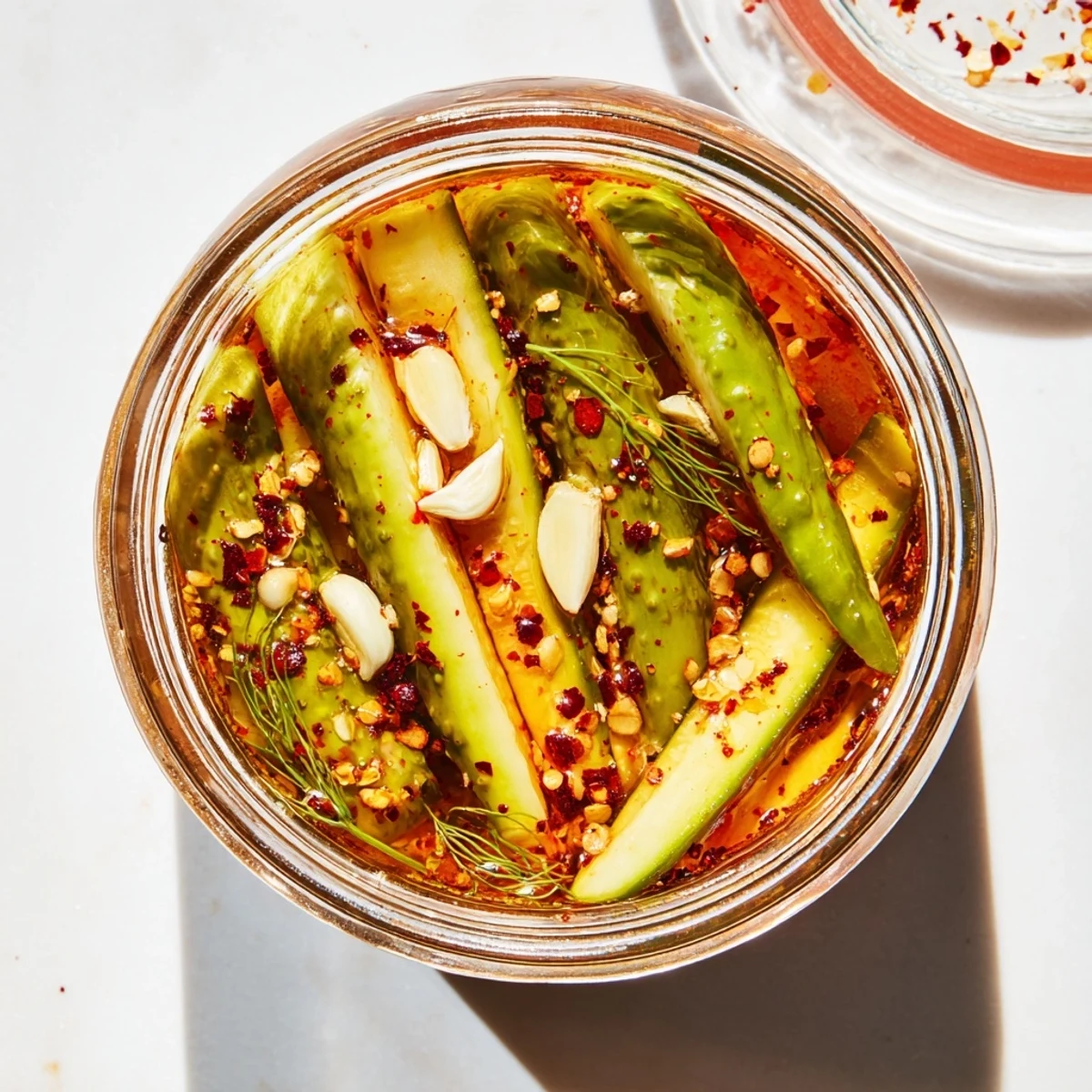 A close-up of Taco Pickles in a jar, marinated in vibrant spices, ready for snacking or topping burgers.