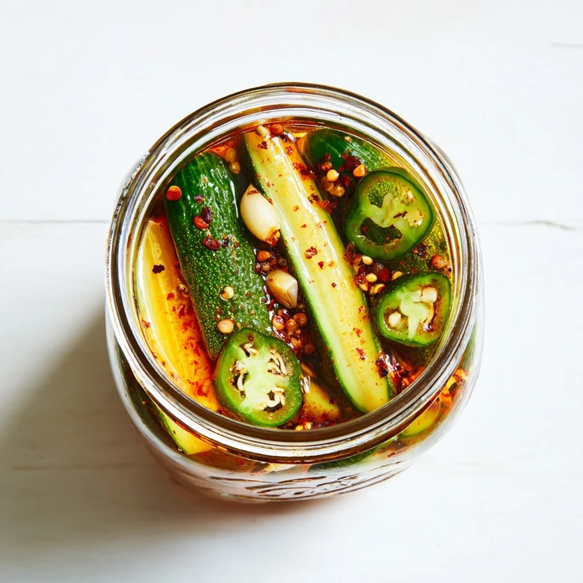 Tangy Taco Pickles displayed in a glass jar, surrounded by colorful taco seasoning, red pepper flakes, and fresh veggies.