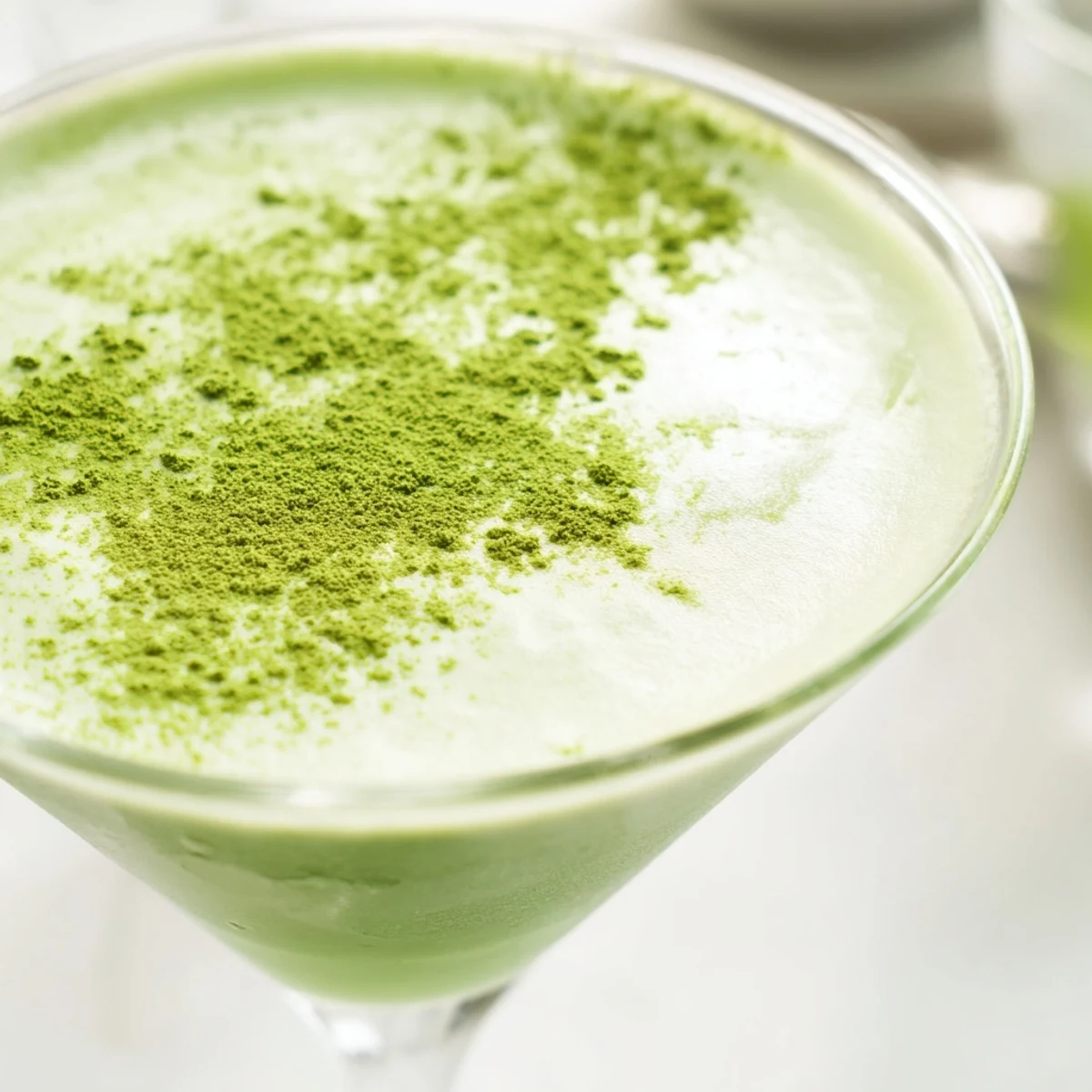 The creamy Matcha Martini cocktail features frothy layers and delicate white chocolate shavings for a luxurious finish.  