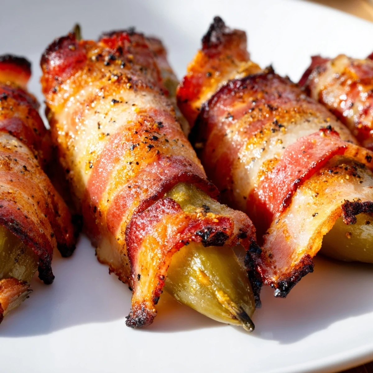Golden brown bacon-wrapped pickles resting on a cooling rack, releasing savory aromas from the oven.  