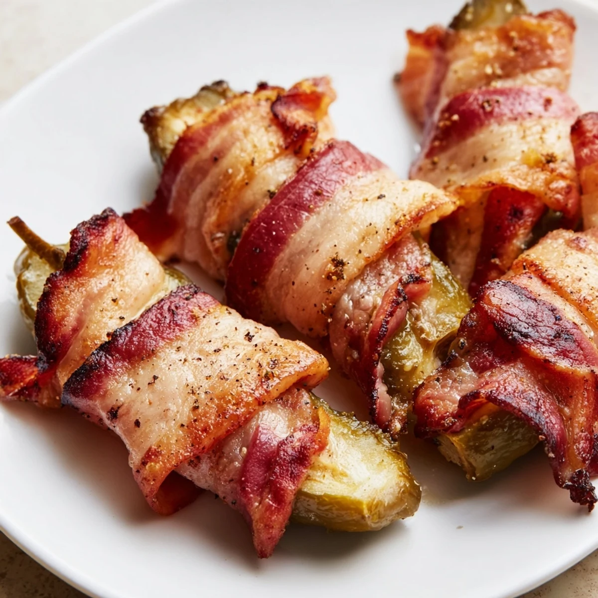 Crisp dill pickle halves neatly wrapped in smoky bacon, arranged on a parchment-lined baking sheet.  