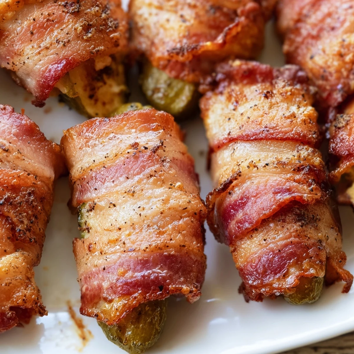 Warm bacon-wrapped pickles served alongside a creamy ranch dipping sauce on a rustic wooden board.