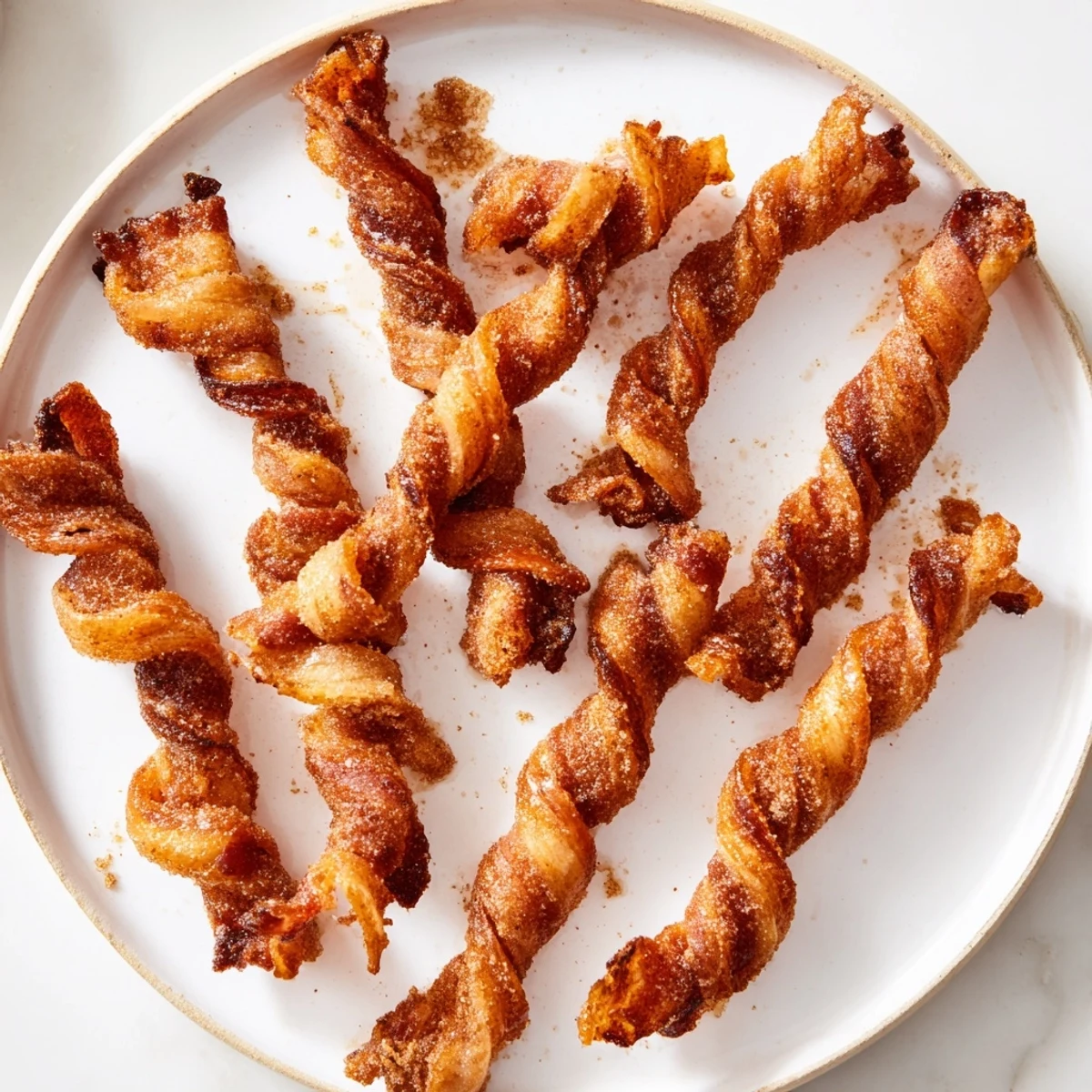 Golden Spiced Bacon Twists glistening with cinnamon-sugar, baked to crispy perfection on a wire rack, ready for brunch or a savory snack.  