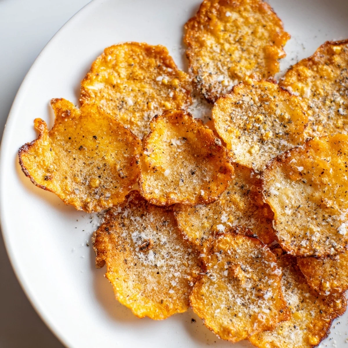 Homemade cottage cheese chips on a parchment-lined baking sheet, paired with a small dip for a savory serving suggestion.