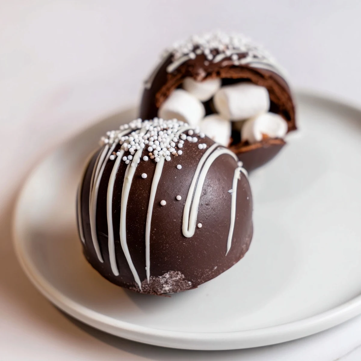 Pouring hot milk over two Hot Chocolate Bombs in a clear glass mug creating a creamy, indulgent drink.