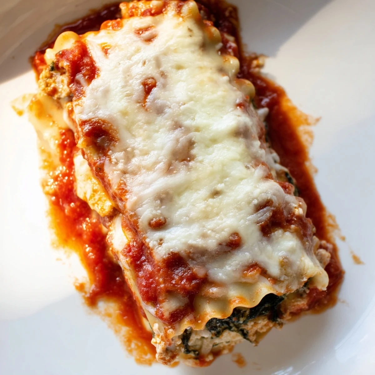 Close-up of Chicken and Spinach Lasagna Rolls with tender pasta, saucy marinara, and golden cheese topping, ready to serve for dinner.