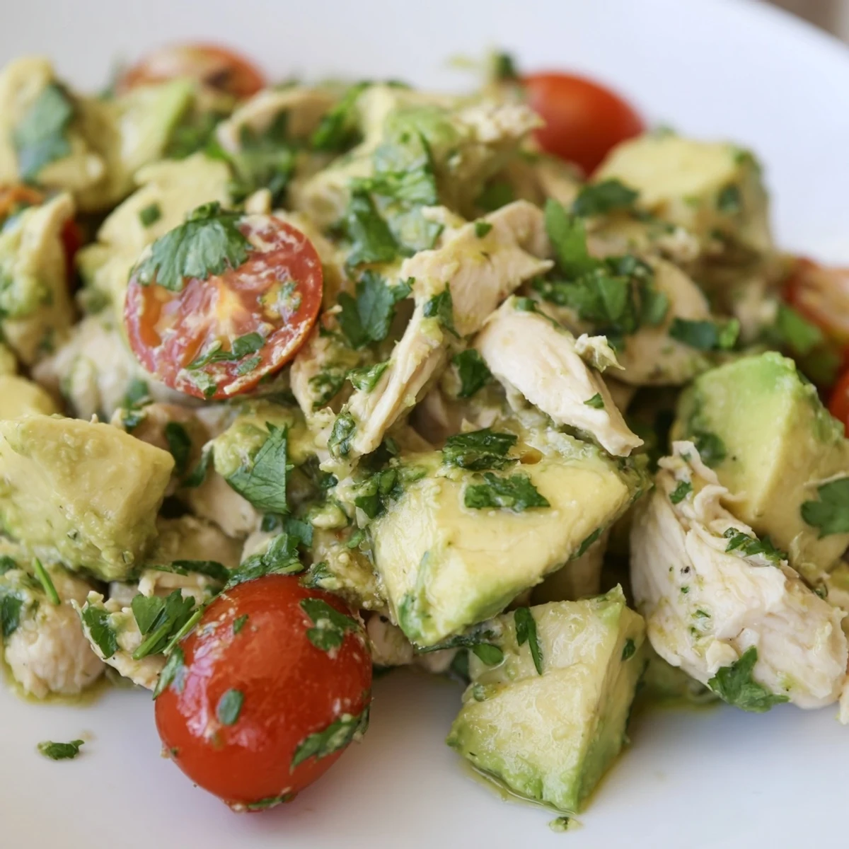 A vibrant bowl of Avocado Chicken Salad with creamy avocado chunks, tender shredded chicken, and bright cherry tomatoes on a rustic wooden table.