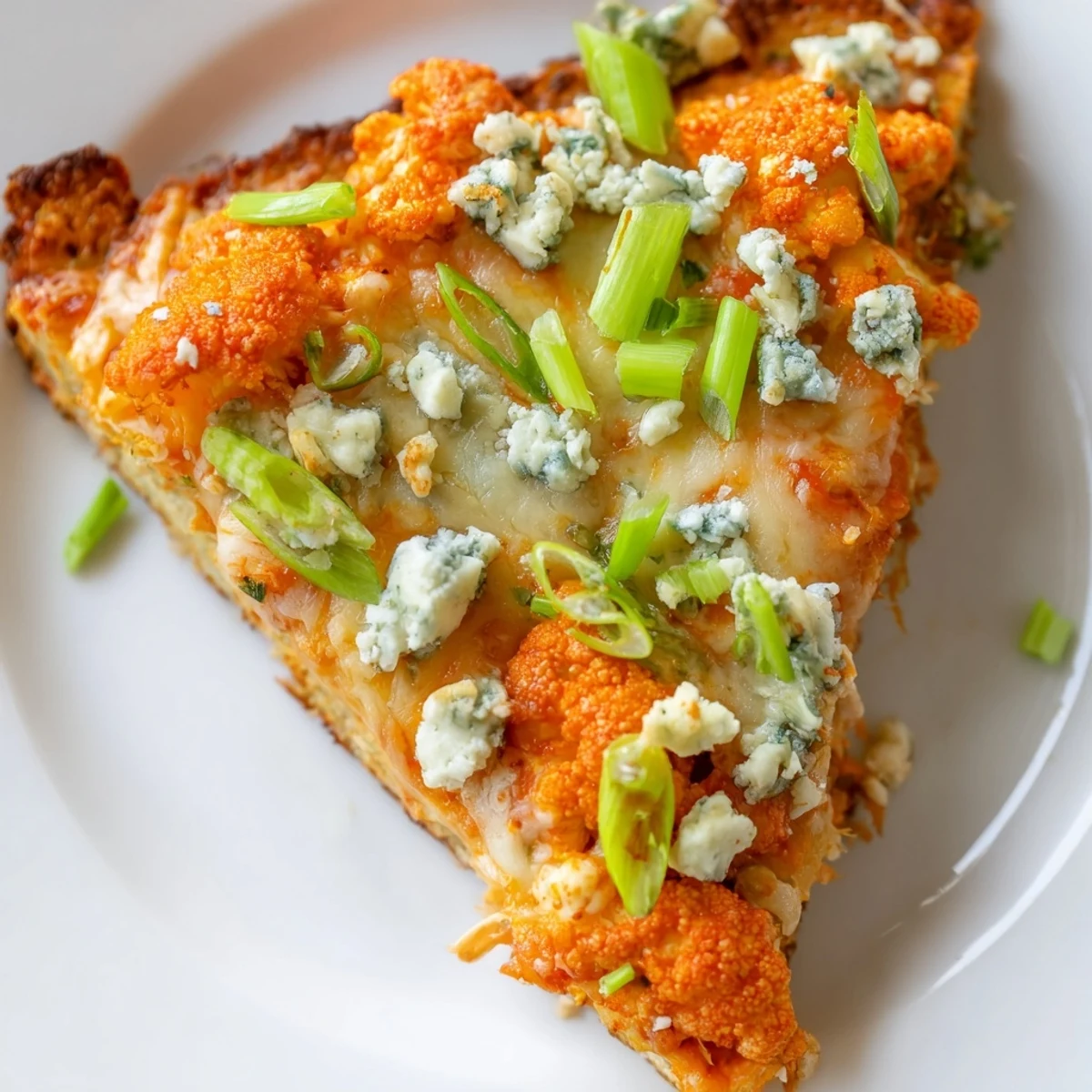 Golden, bubbly mozzarella melts over a spicy buffalo sauce brushed onto a crisp cauliflower crust, topped with fresh green onions.  