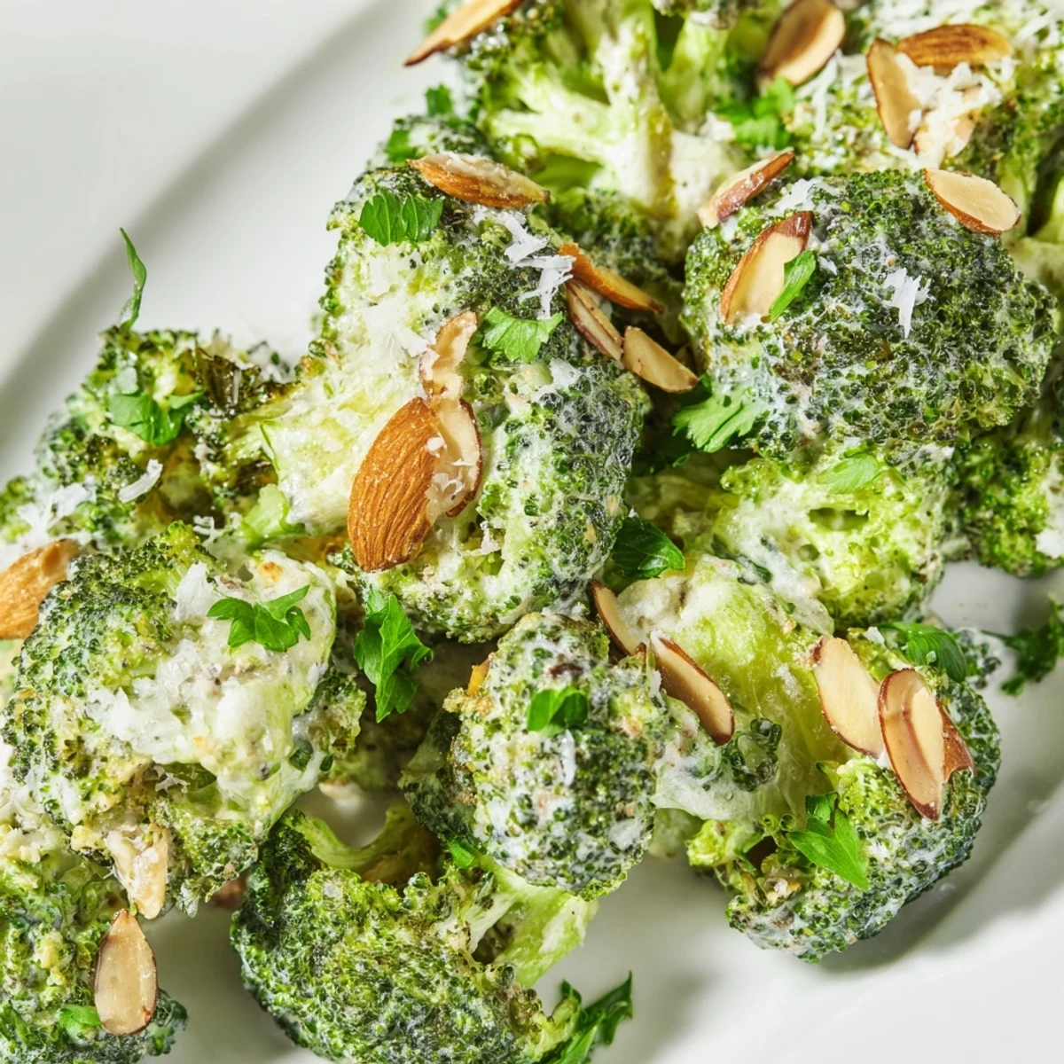 A close-up of Garlic Parmesan Broccoli Salad with cherry tomatoes, red onion, and slivered almonds, served as a fresh side.